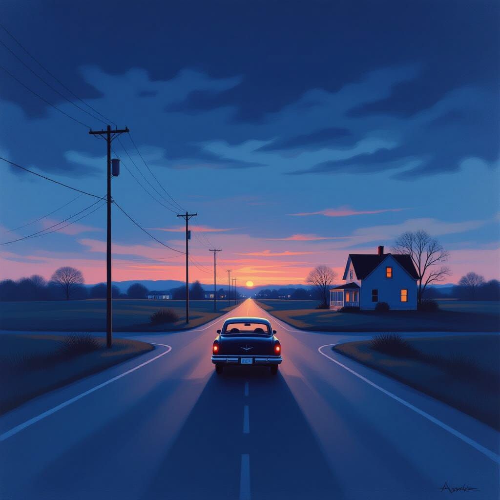 Solitary Car Approaches Distant House Under Moody Sky