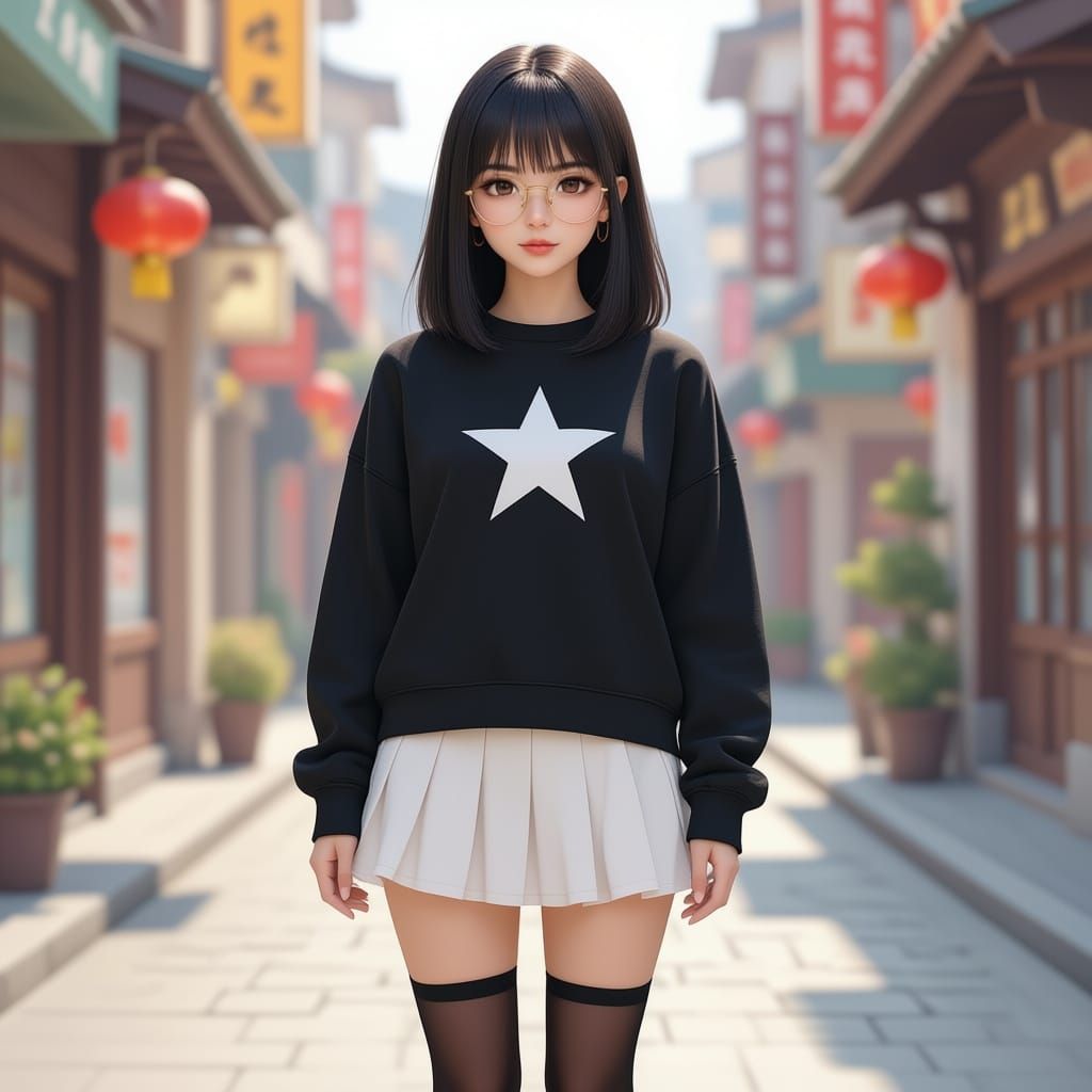 Realistic Anime Girl in Black Sweatshirt and Platform Shoes