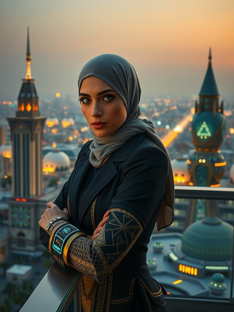 Elegant Astrophysicist Overlooking Futuristic Cairo