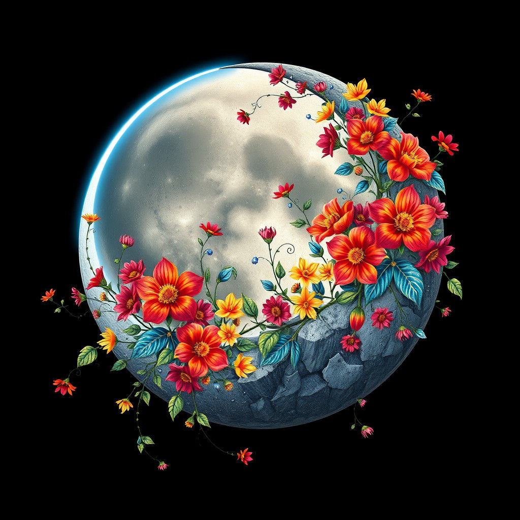 Floral Crescent Moon in Dark Fantasy Style