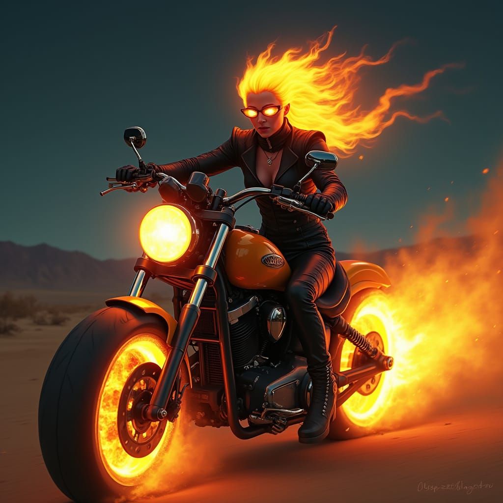 Female Ghostrider Speeds Through Desert Night