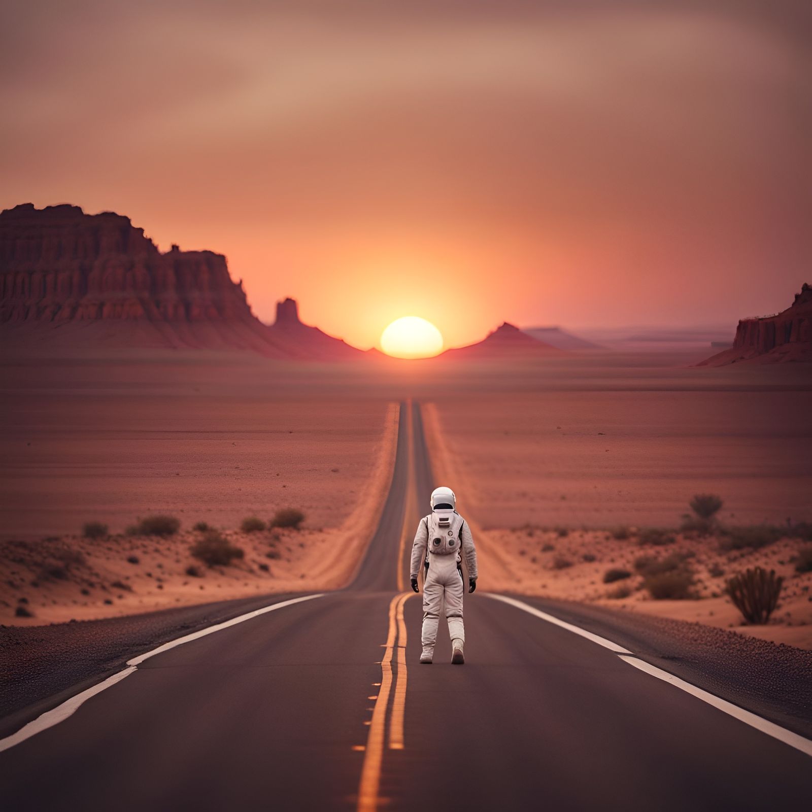 Astronaut on Desert Highway at Sunset in 8K
