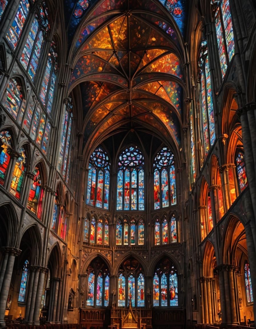 Gothic Cathedral Apse with Sunlight Through Stained Glass