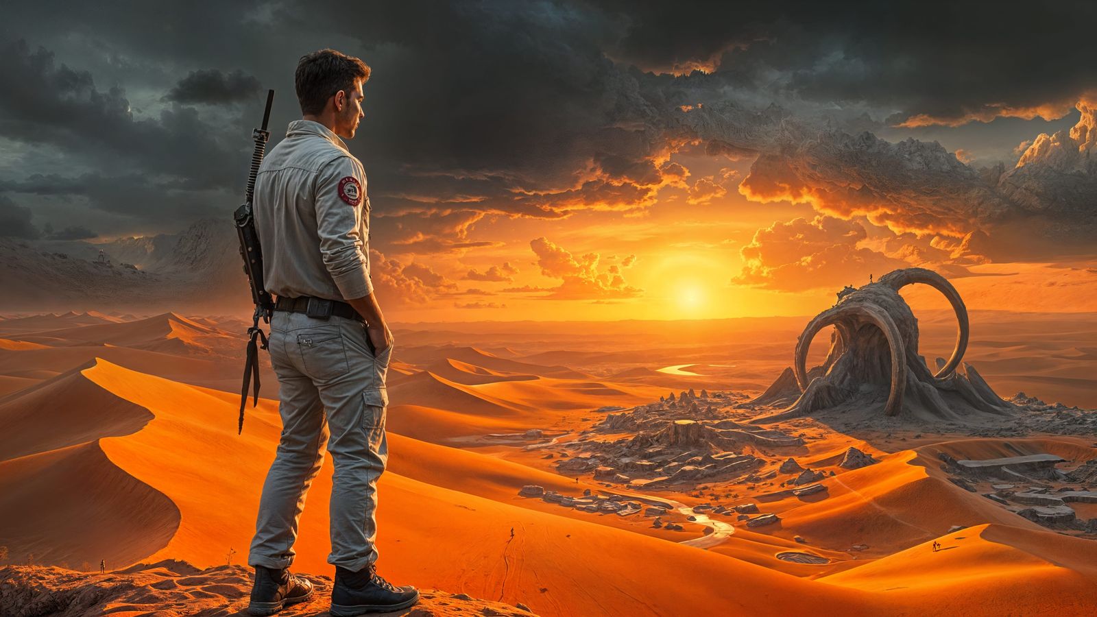 Alien Desert Sunset: Explorer and Organic Ruins