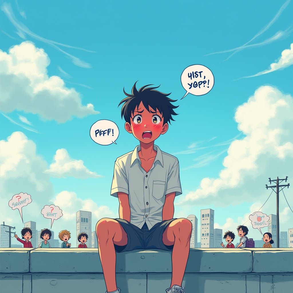 Red-Faced Boy on Rooftop Comedy Scene in Japanese Manga Styl...