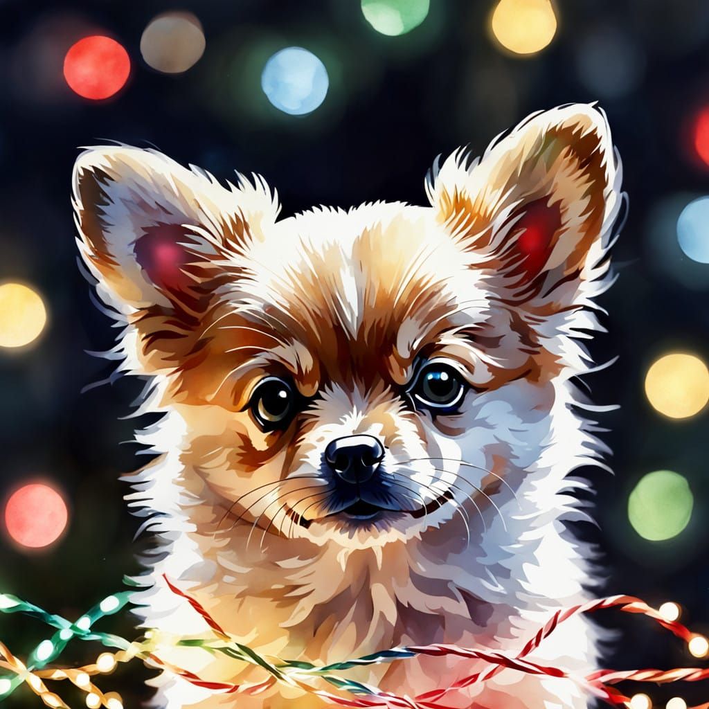 Whimsical Holiday Pomchi in Watercolor