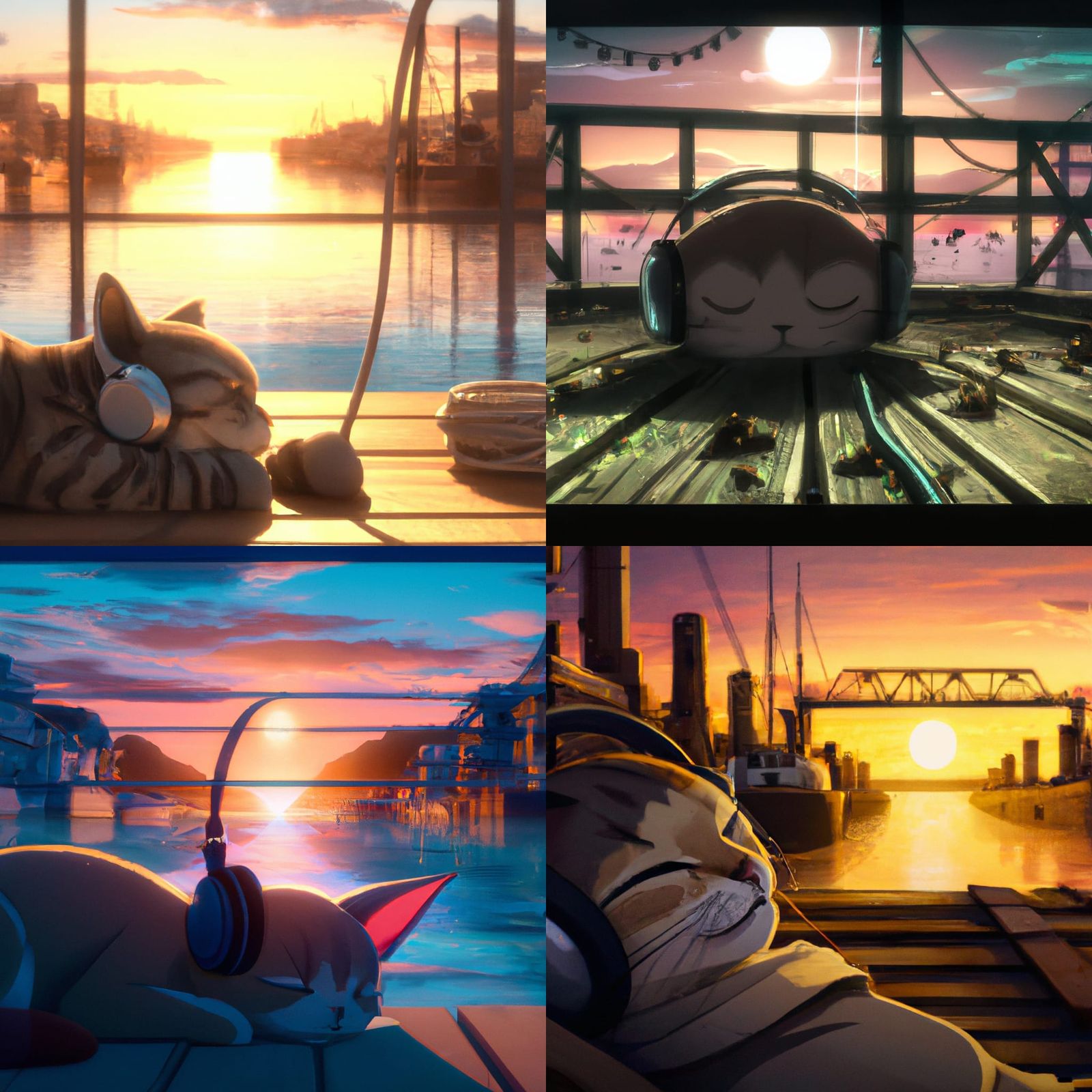 Cat with Headphones: Studio Ghibli Anime Sunset