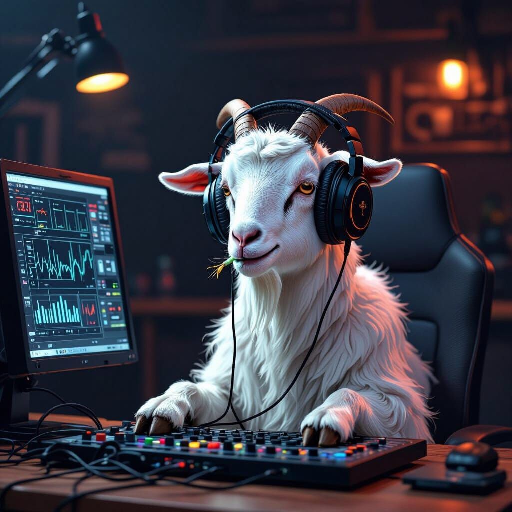 Goat Podcaster in a Futuristic Studio
