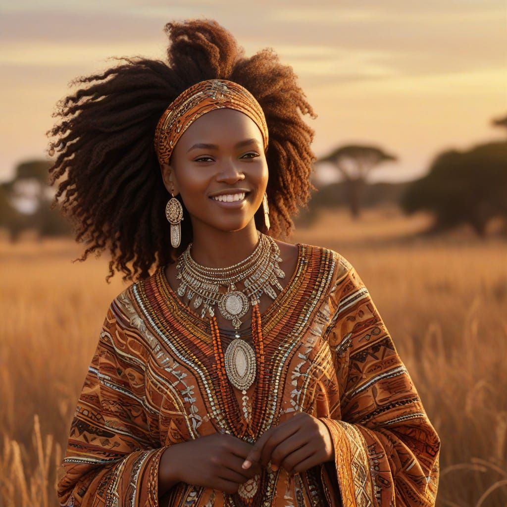 African Woman in Vibrant Savanna Sunset Portrait