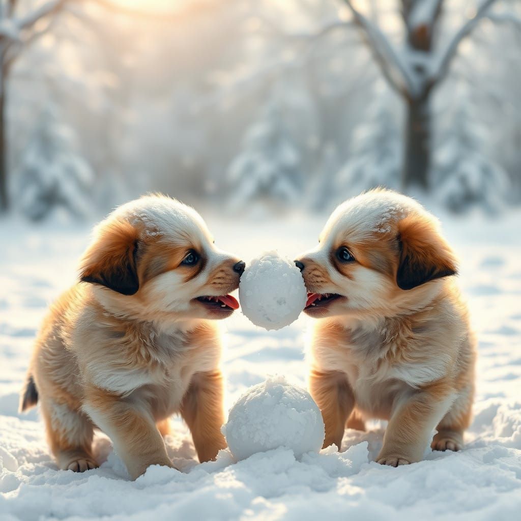 Playful Puppies Engage in Snowball Fight in Winter Wonderlan...