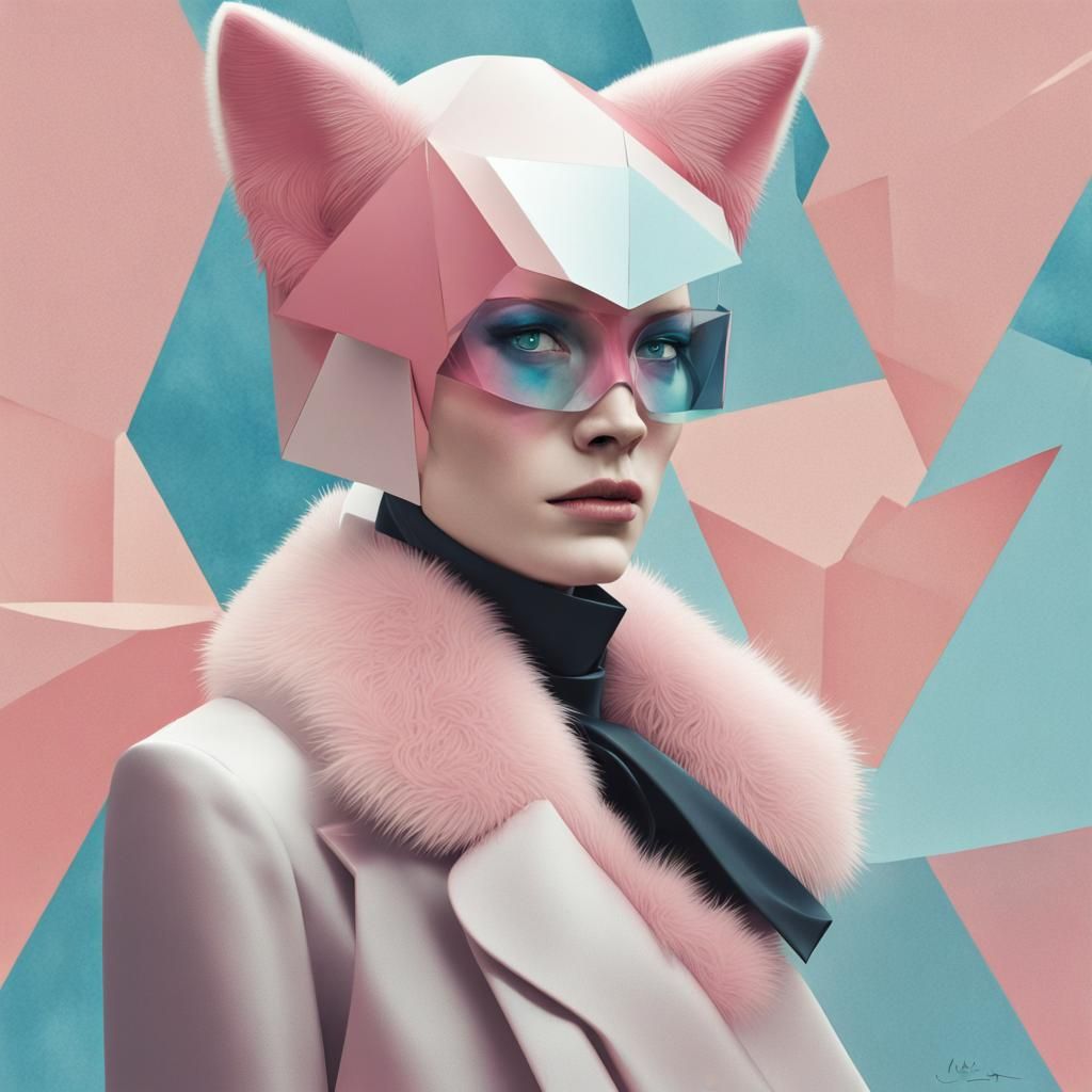 Elegant Catwoman in Ice, Expressionist Ink Fusion