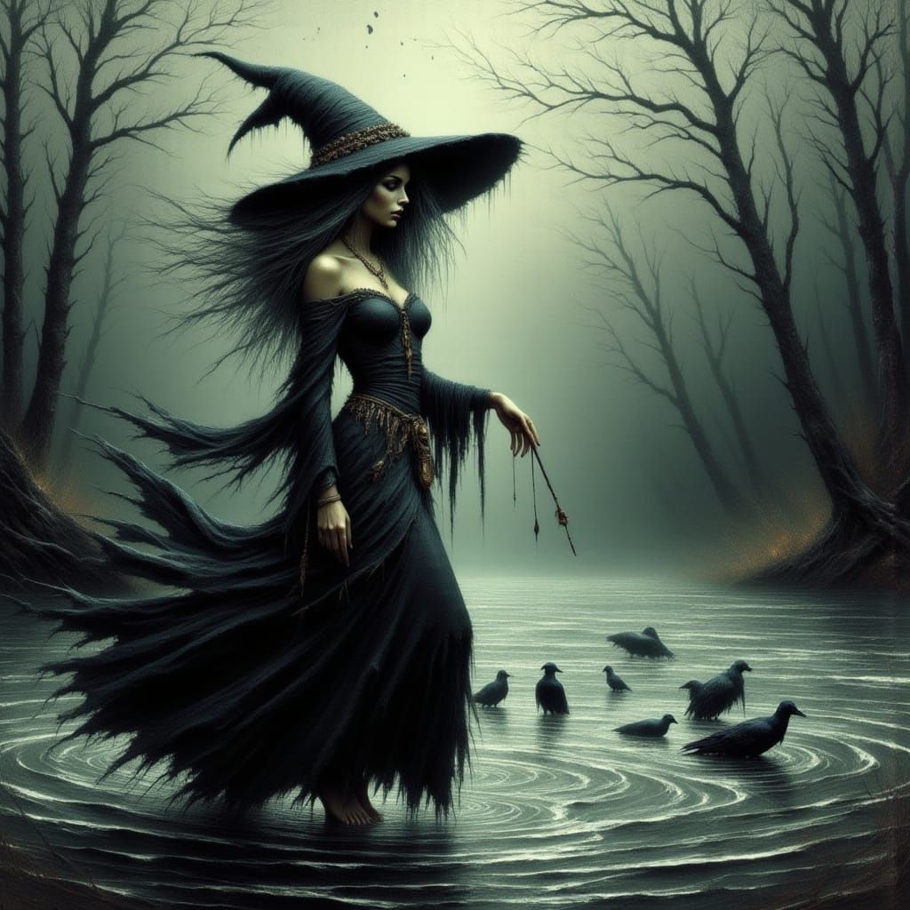 River Witch Casting Mystical Spell in Misty Atmosphere