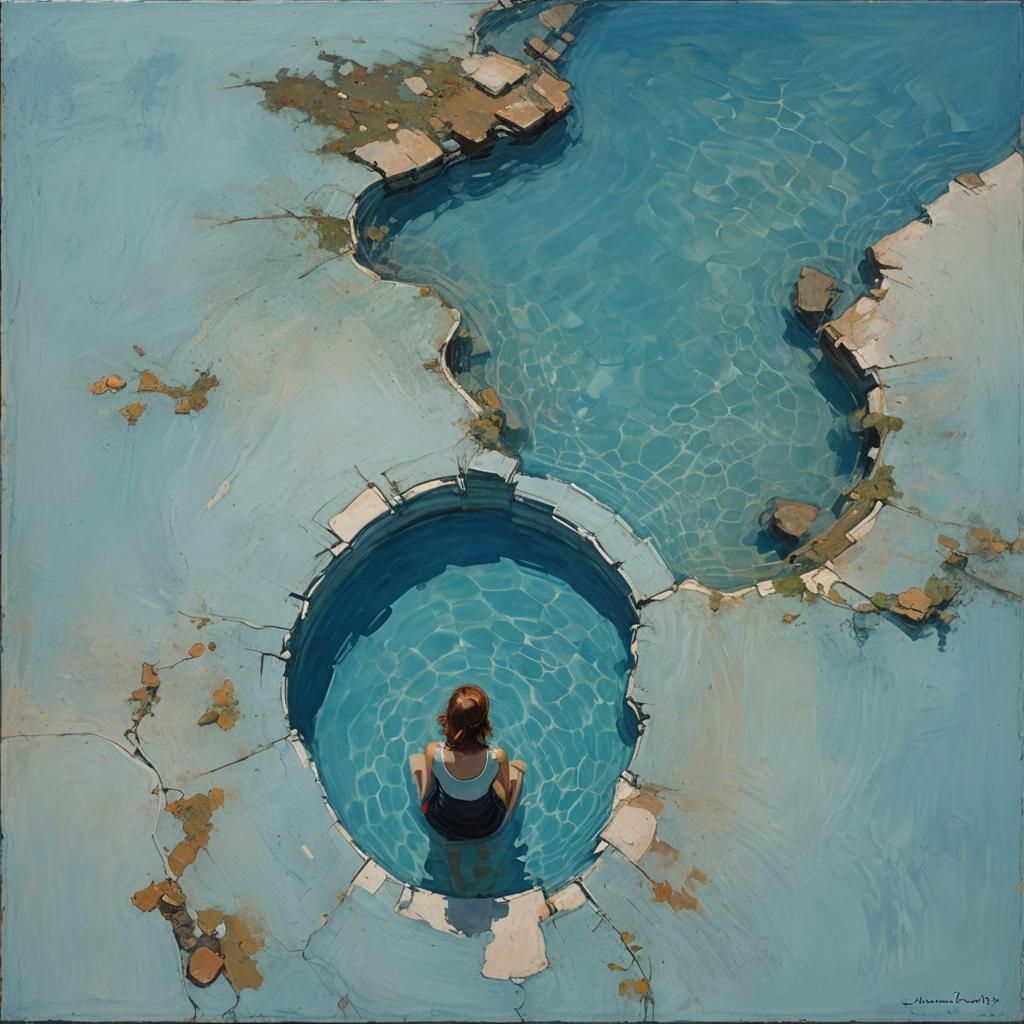 Serene Blue Pool: Minimalist Oil Painting