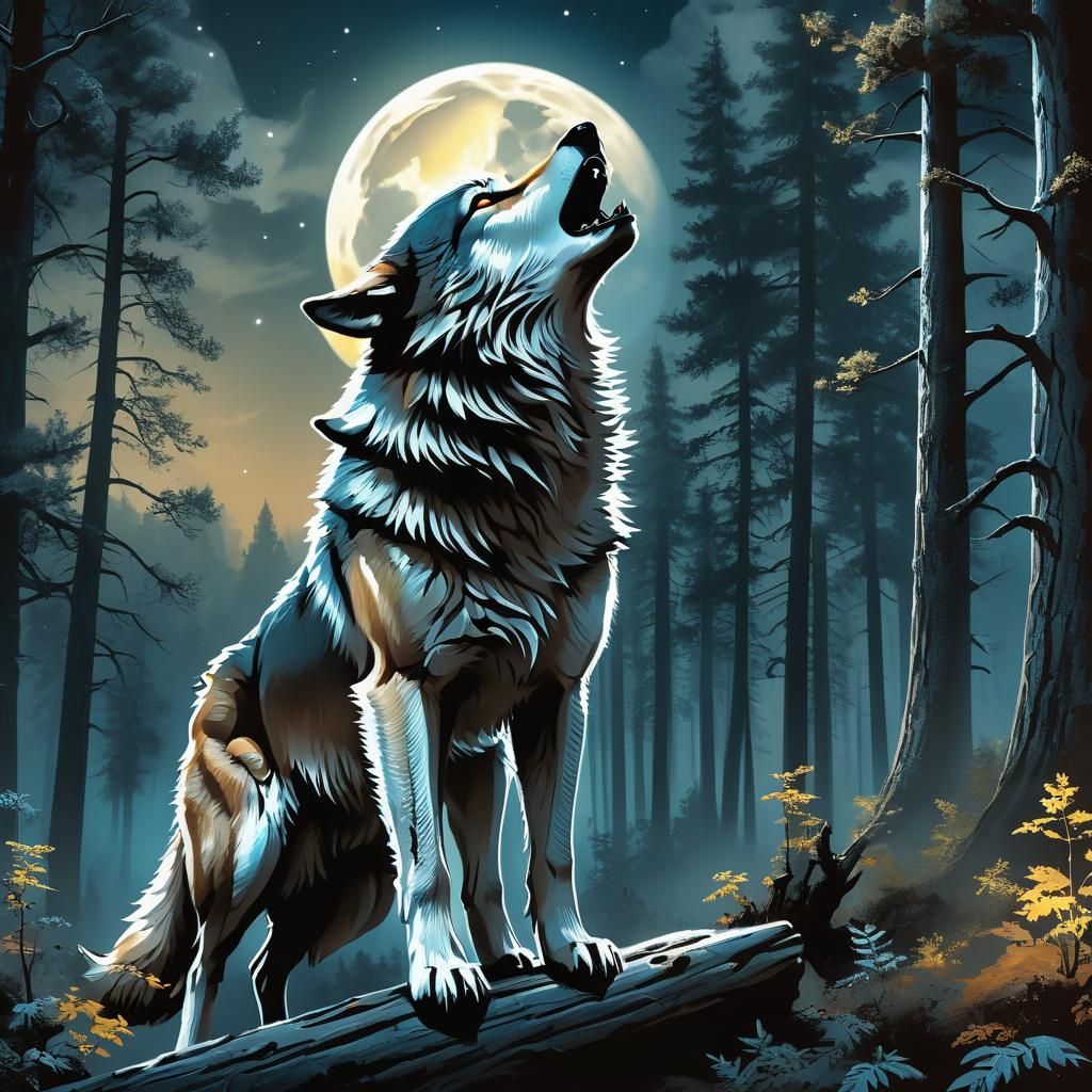 Grey Wolf Howling at Moon, Fantasy Art