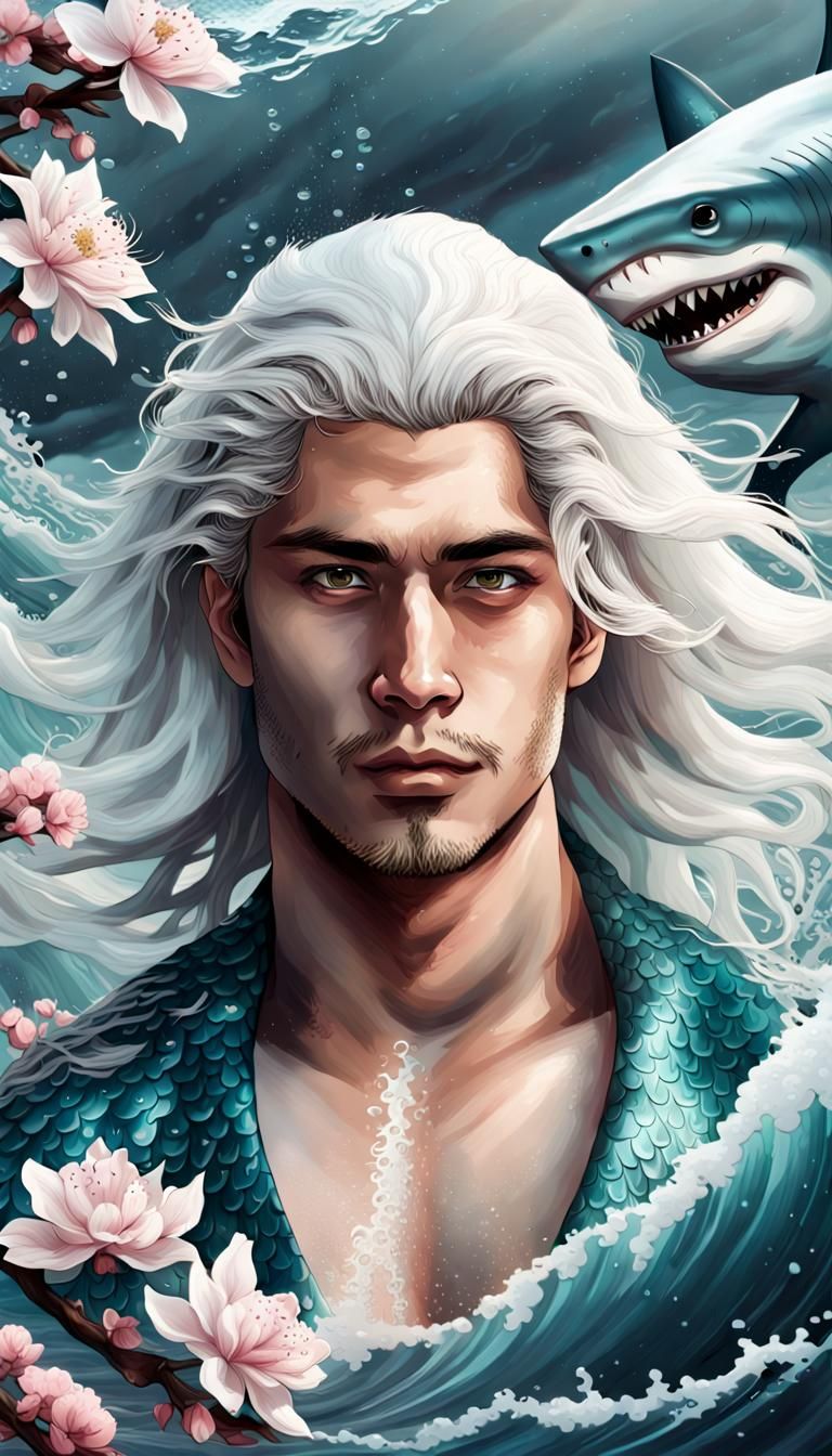 Handsome Merman Portrait with Sakura Flowers