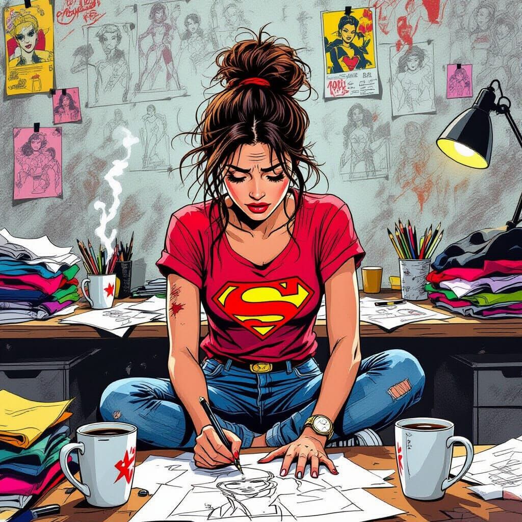 Overwhelmed Costume Designer Sketches Superhero Art