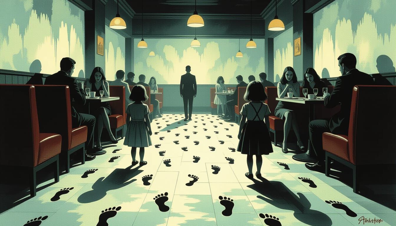 Eerie Restaurant Scene With Toeless Footprints in Surrealist...