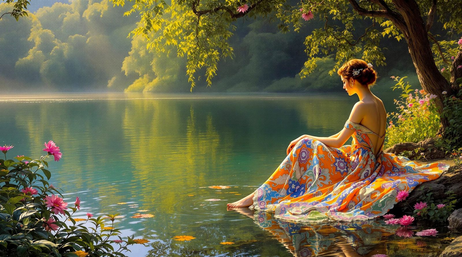 Woman in Vibrant Gown by Tranquil Lake in Pre-Raphaelite Sty...