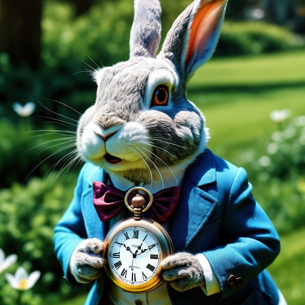 Surreal Wonderland Rabbit Adjusts Pocket Watch in Vibrant Sp...