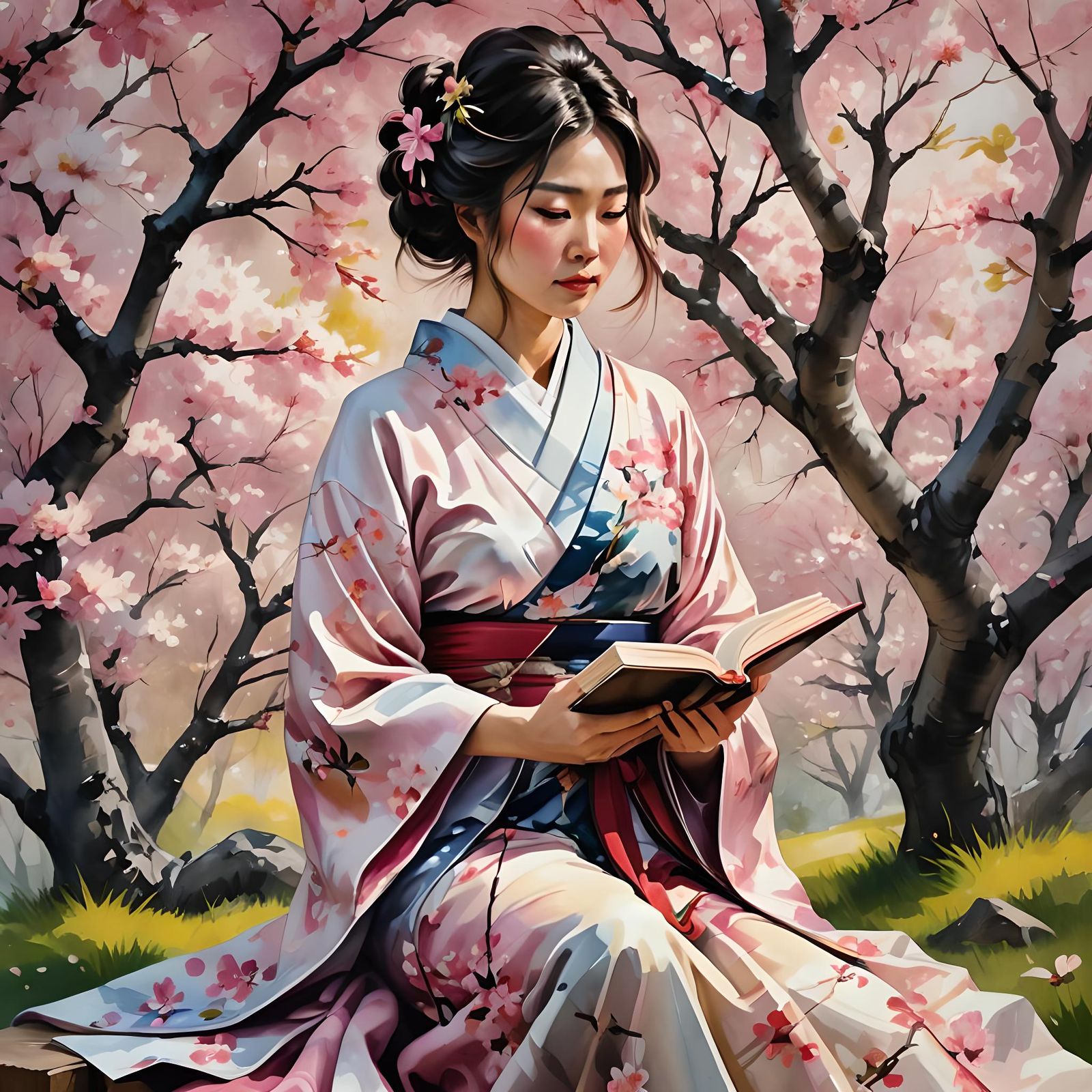 Japanese Woman Reading Under Cherry Trees in Watercolor