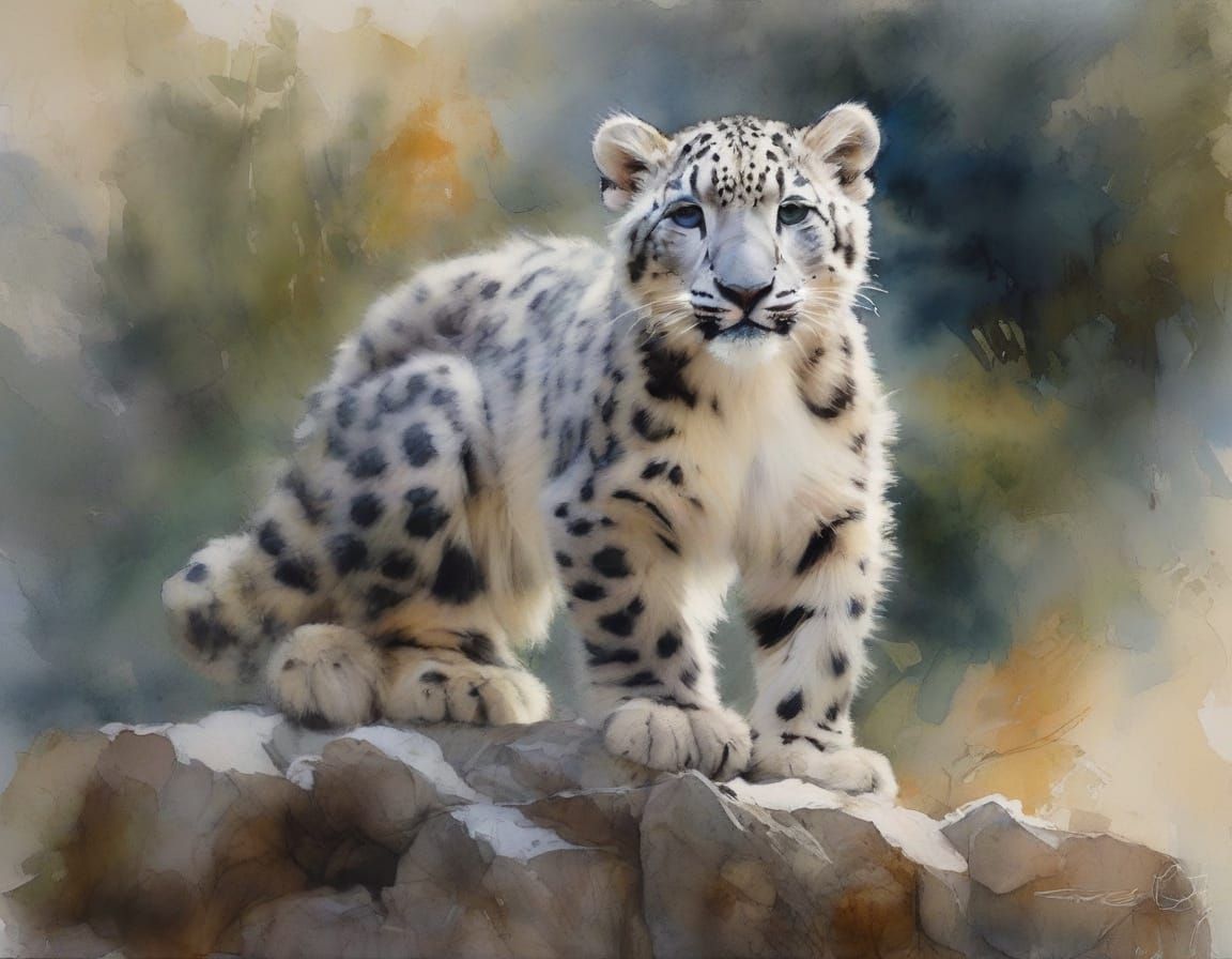 Snow Leopard Cub in Watercolour Blend