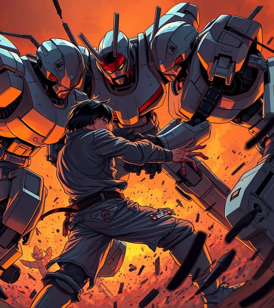 Robots Fighting Human in Anime Style