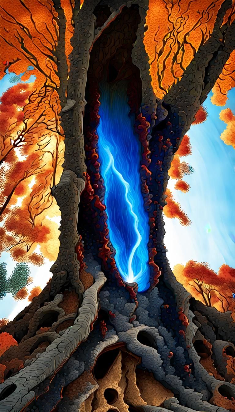 Hollow Tree Trunk Emitting Blue Flame: Digital Illustration