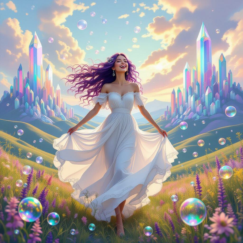 Woman Dancing in Surreal Rainbow Landscape