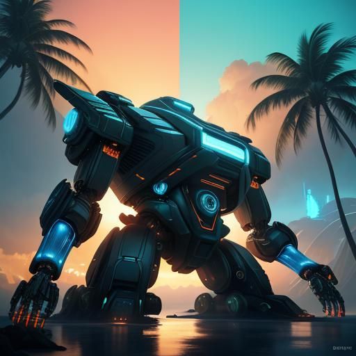 Gigantic Robot Dominates Tropical Island in Digital Art
