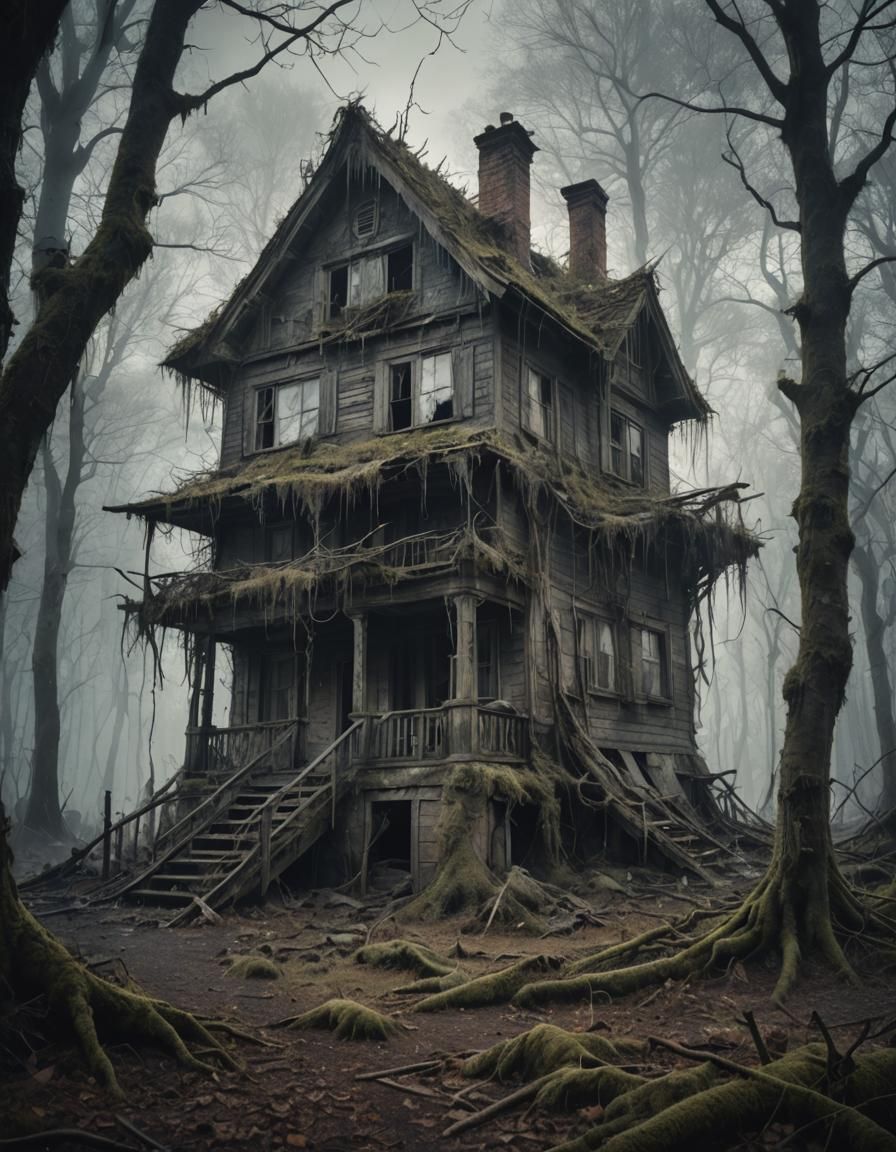 Ethereal Abandoned House in Dark Forest: Digital Oil Paintin...