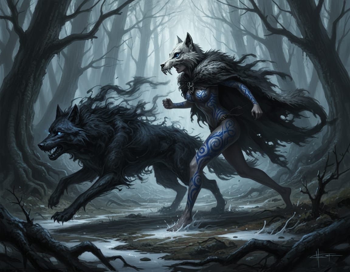 Dark Fantasy Woman Runs With Smoke Wolf