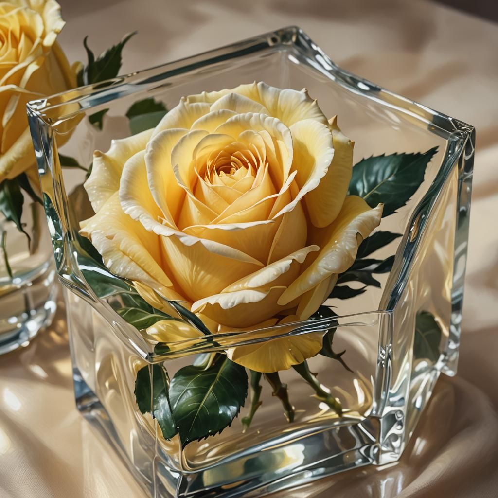 Lovely Yellow Rose in Glass Box Still Life