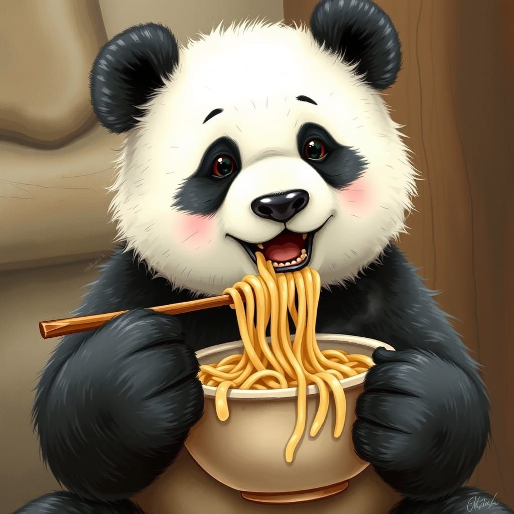 Cute Panda in a Noodle-Themed Art Piece