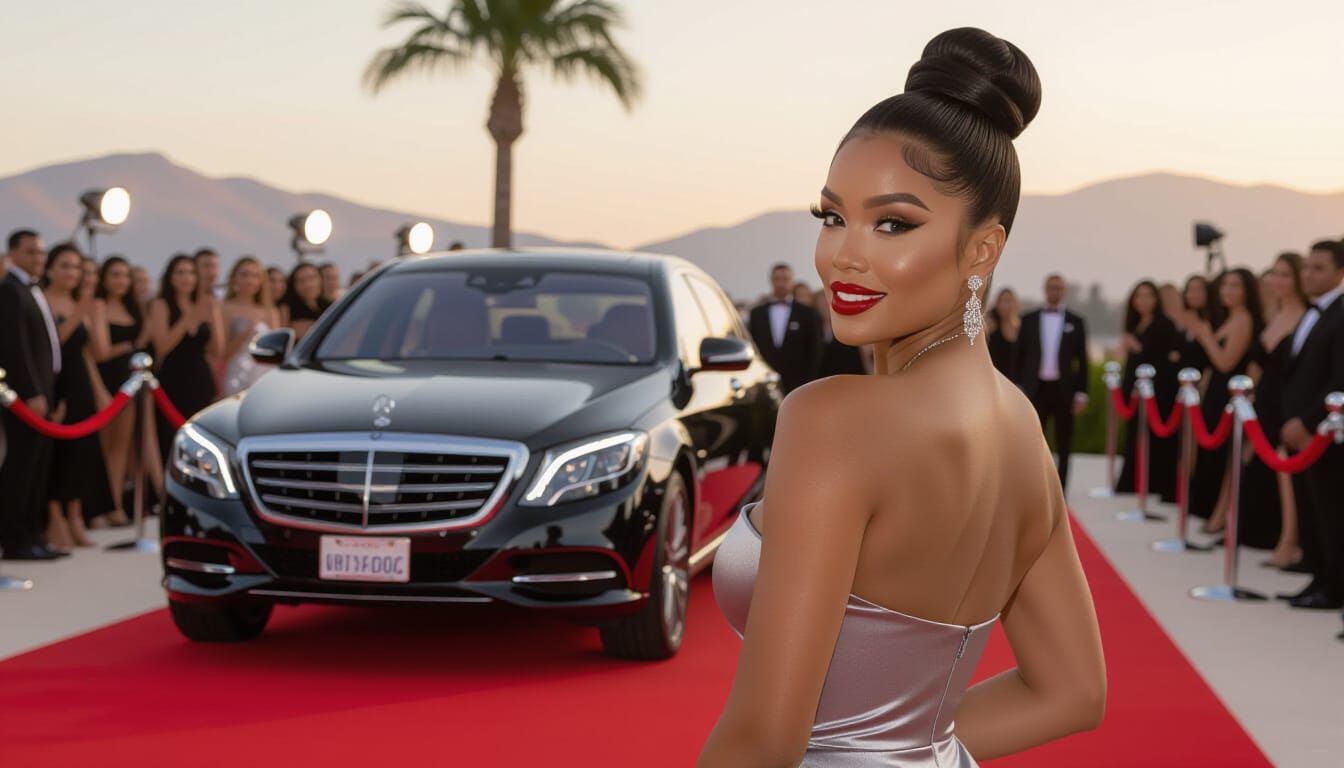 Afro-Latina Model in Grey Gown on Red Carpet