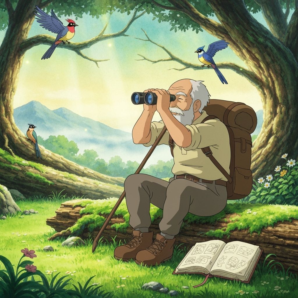 Elderly Man Observes Fantastical Birds in Enchanted Forest
