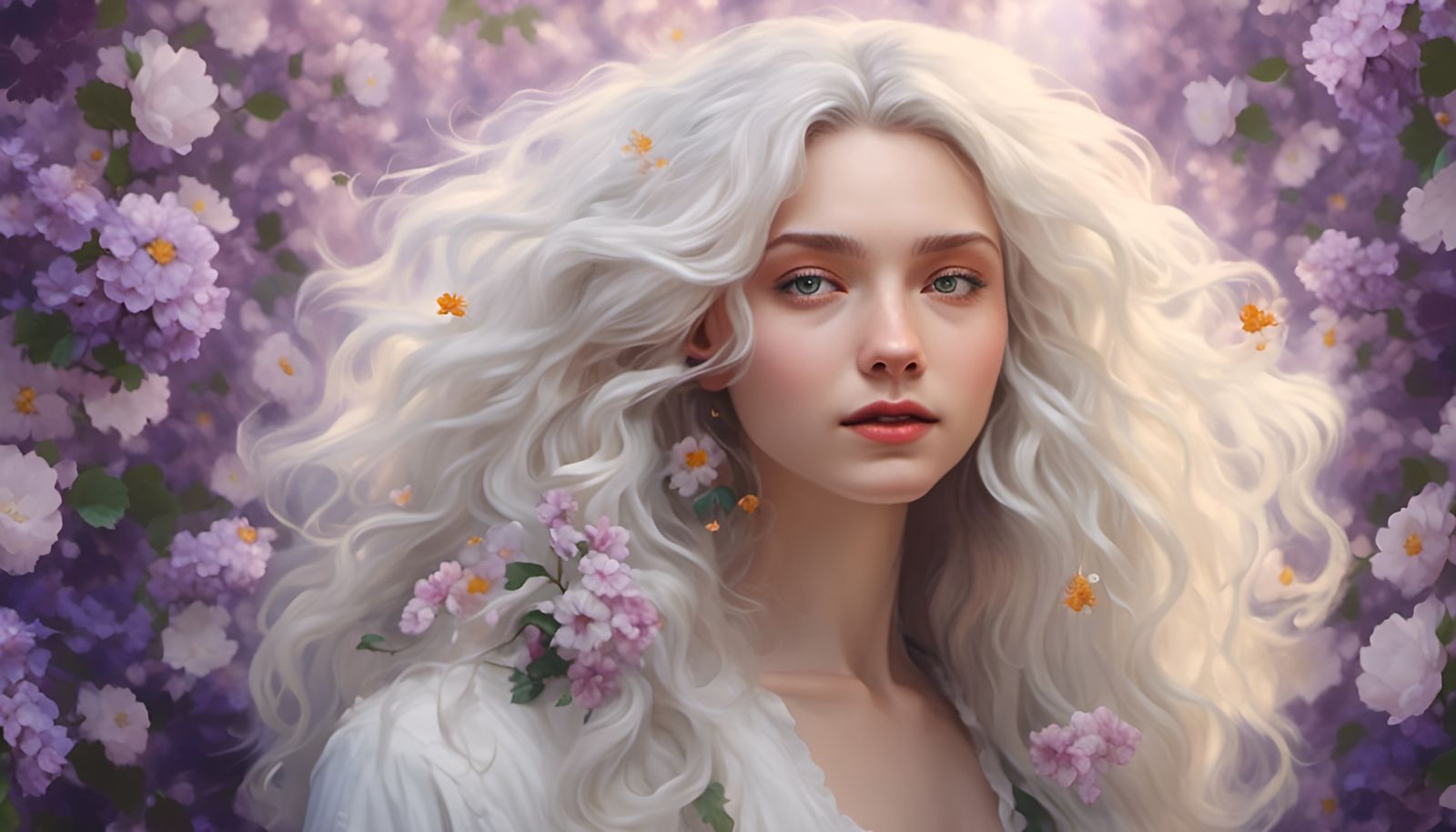 Girl with White Hair and Lila Flowers