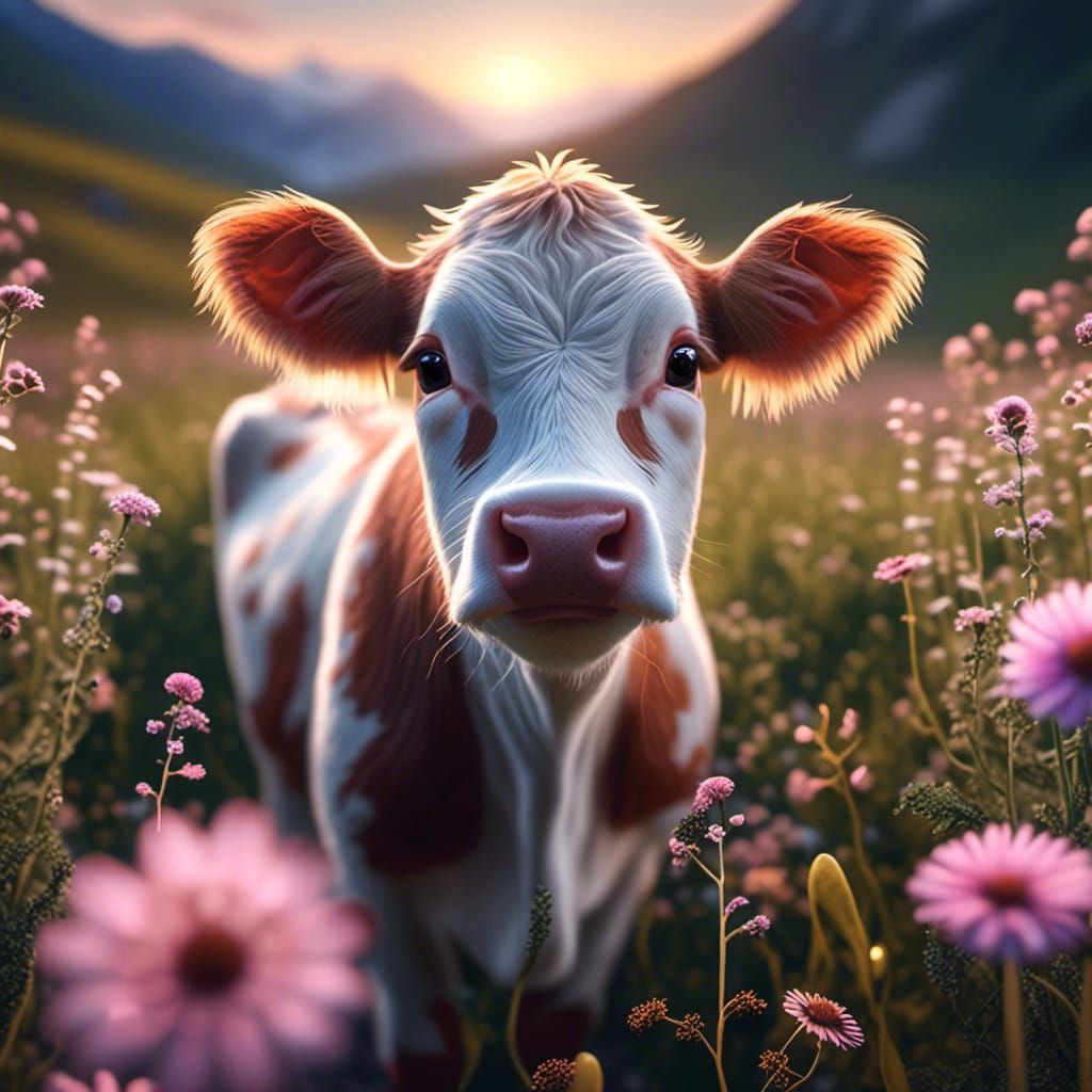Adorable Baby Cow in Moonlight Field, 3D Render