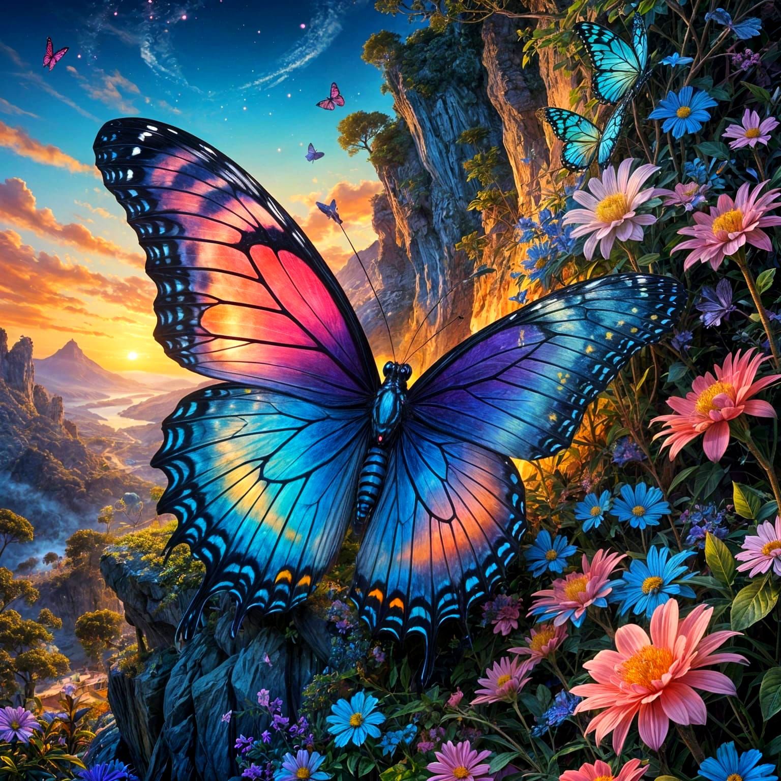 Giant Butterfly Sits on Cliff Amidst Whimsical Sunset Landsc...