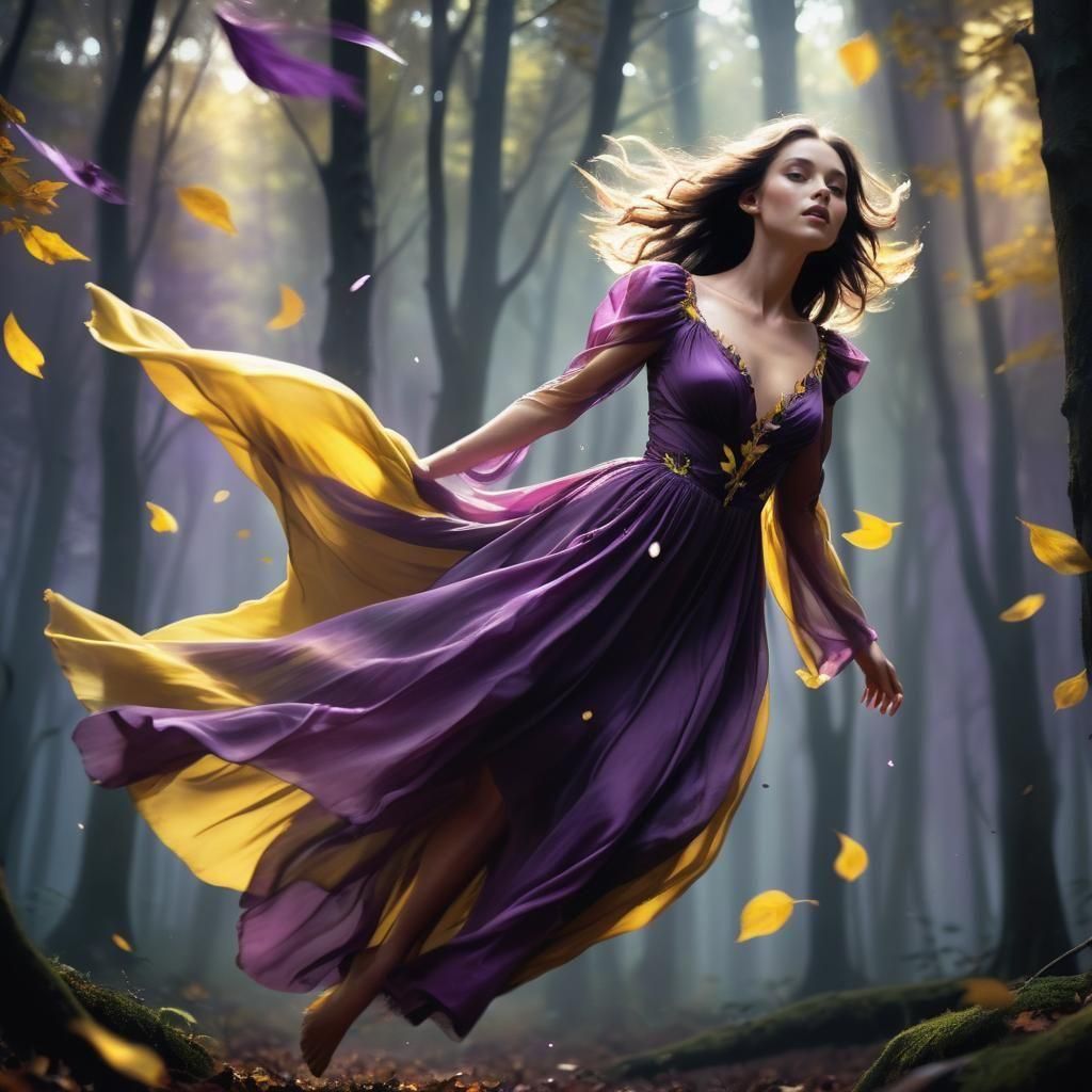 Fantasy Lady Floats Above Forest in Moonlight