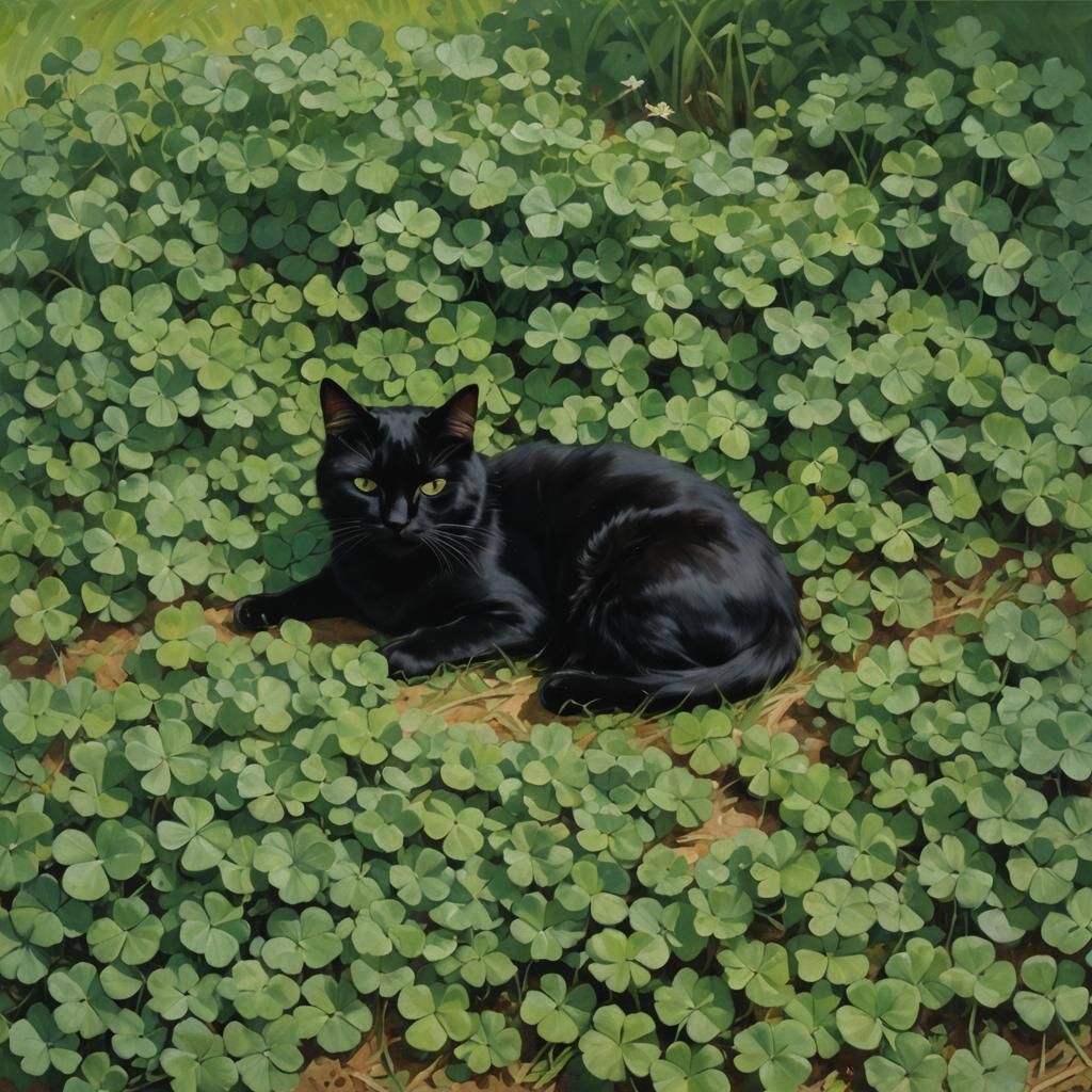 Black Cat Nap in Clover Field, Classical Style