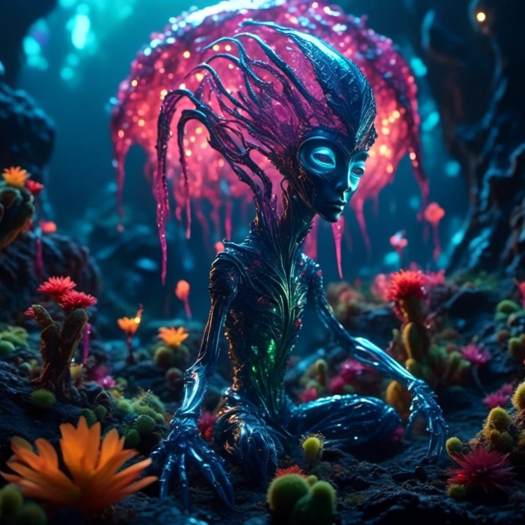 Alien Demon's Cactus Feast: Bioluminescent Magic Realism