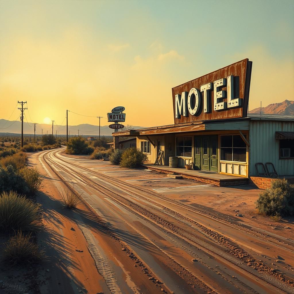 Dilapidated Desert Motel in American Realism Style
