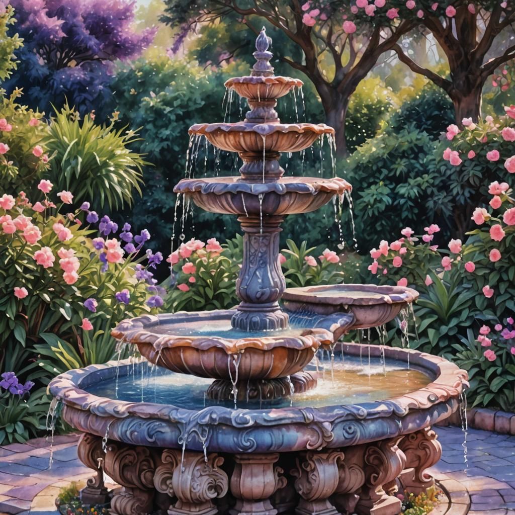Watercolor Garden Fountain in Blue, Purple, and Peach