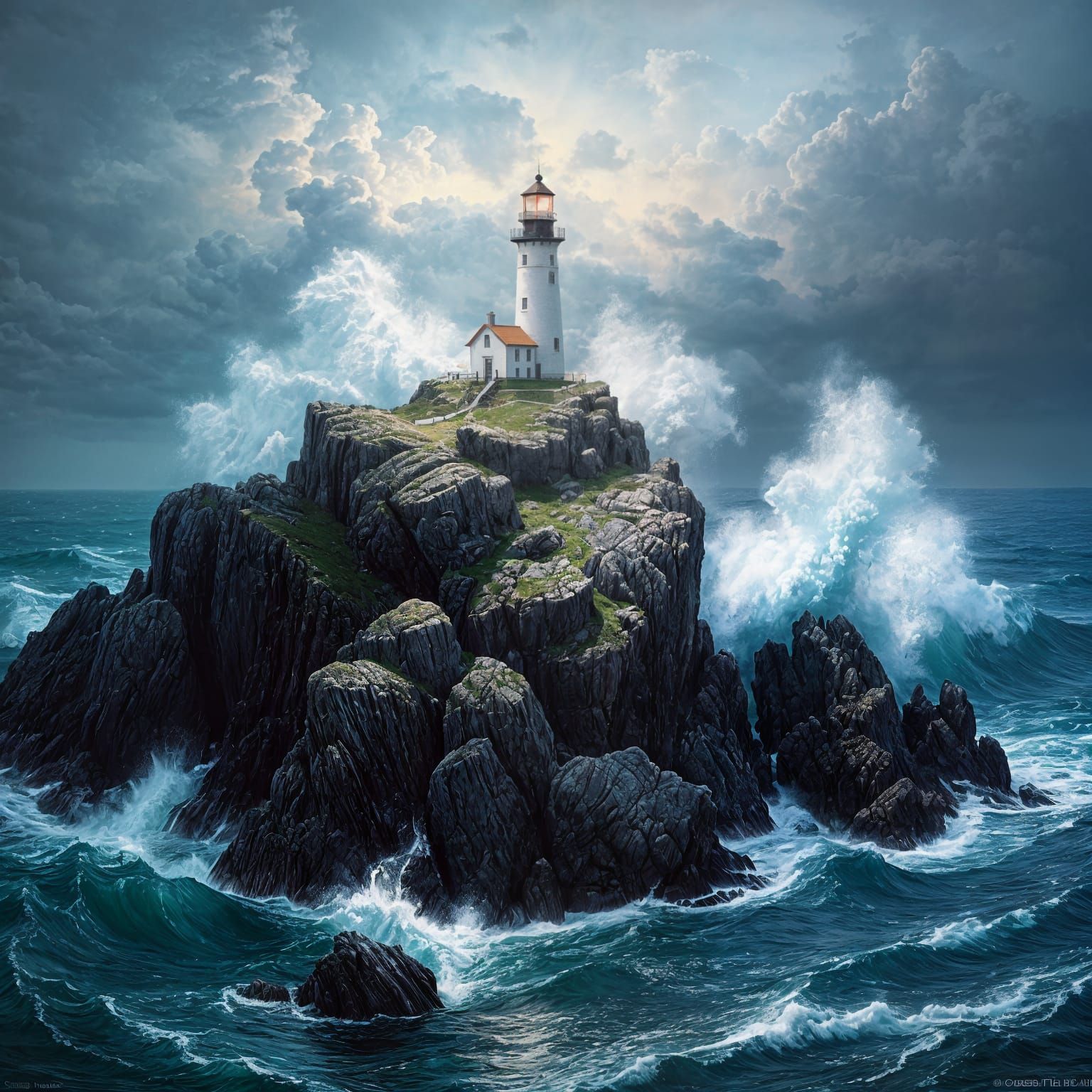 Lighthouse Battling Storm in Romanticist Style