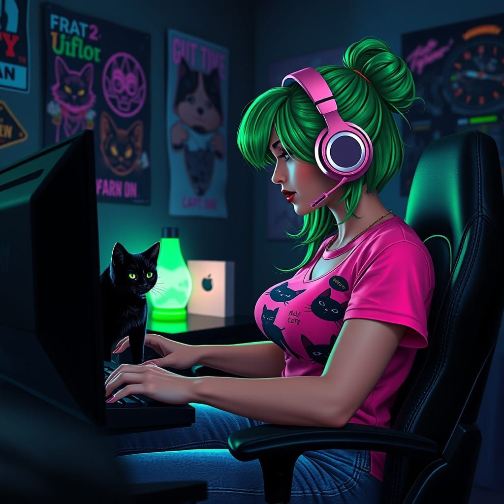 Cyberpunk Gamer Girl with Kitten, Neon Room