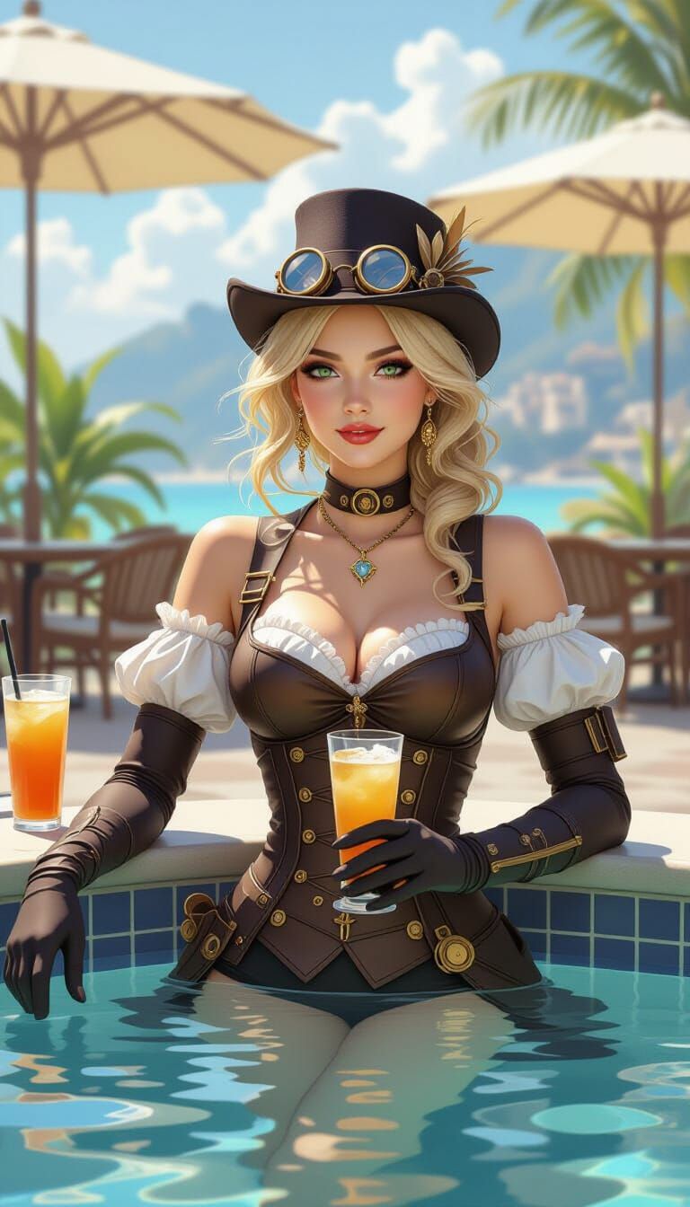 Blonde steampunk woman at poolside bar