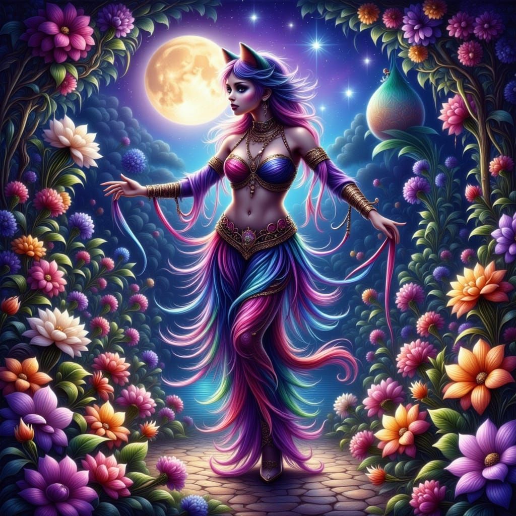 Whimsical Belly Dancing Cat in a Gothic Forest Under Full Mo...