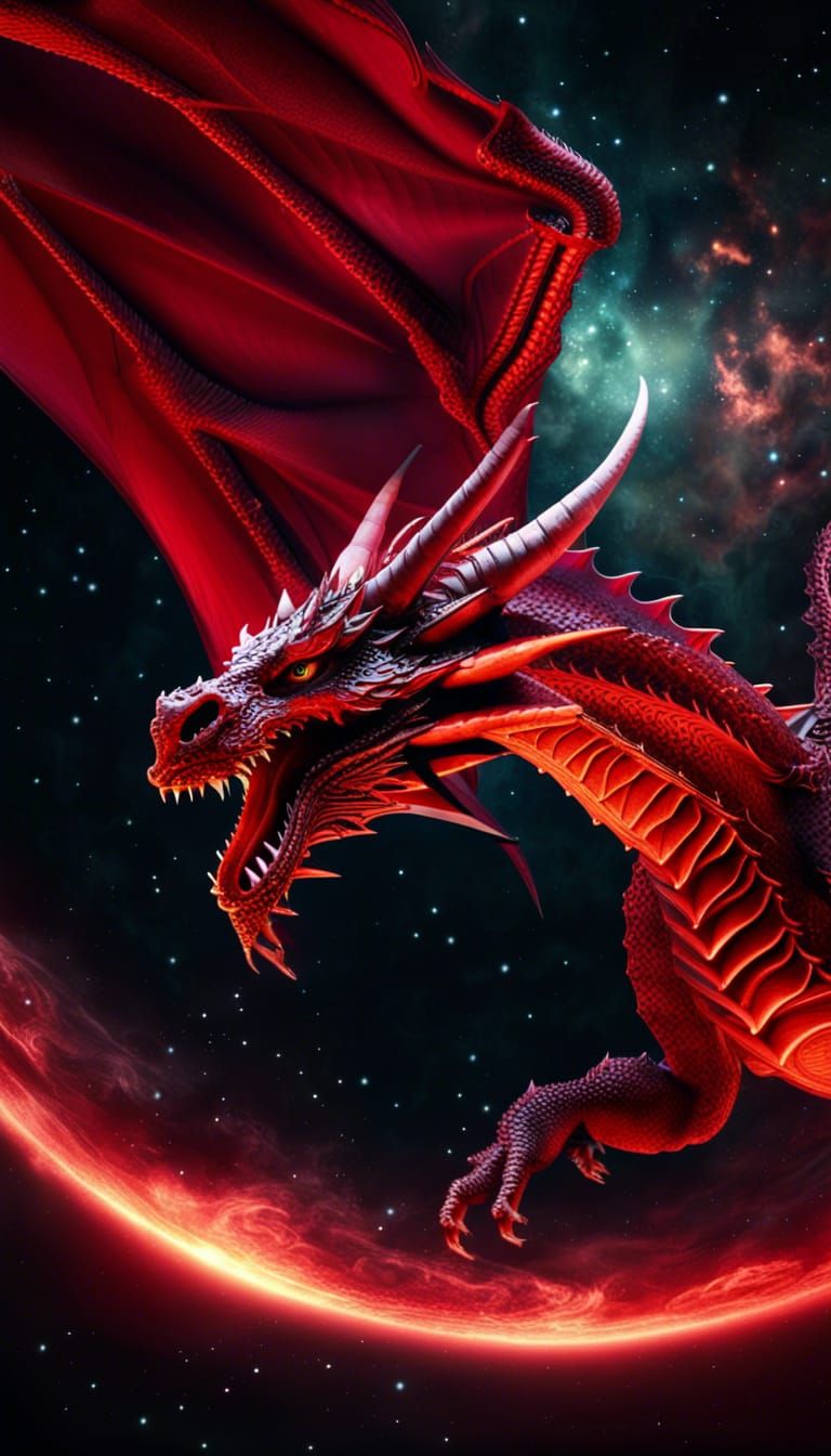 Red Dragon Soaring in Space: Cinematic 3D Art