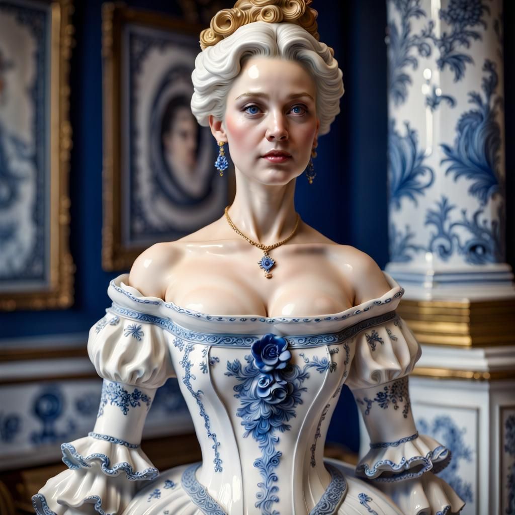 Rococo Porcelain Woman with Delft Blue Tattoos