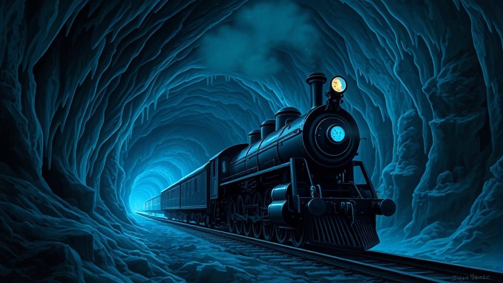 Mysterious Dark Blue Steam Train Chugs Through Icy Caverns i...